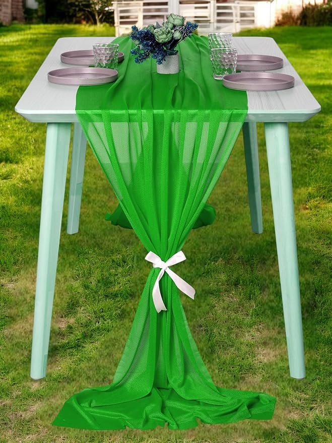 MDS 2 Pack 14ft Chiffon Table Runner 29 x 170 Inches Sheer Wedding Runner Romantic Rustic Table Runner for Wedding Decorations, Birthday Parties, Bridal Shower Party Arch Decor - Green