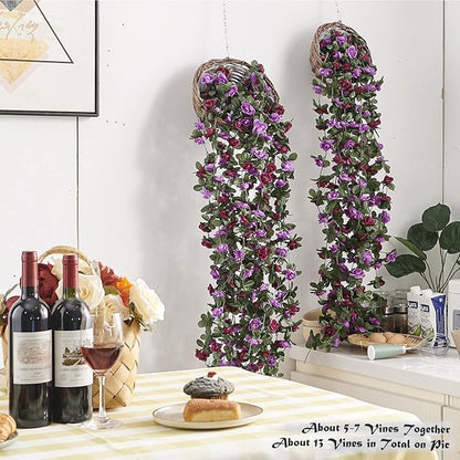6 Pcs x 8.2 ft Flower Garland Artificial Rose Vine Flowers with Green Leaves Hanging Fake Roses Vine for Room Party Home Wedding Birthday Christmas Wall Arch Decor, Spring Purple Flower