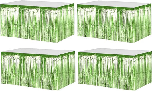 4 Pack 29x108 Inch Metallic Foil Fringe Tinsel Table Skirts for Rectangle Tables Streamer Backdrop for Wedding, Birthday, Parade Floats, Christmas, Halloween Party Decoration(Light Green)