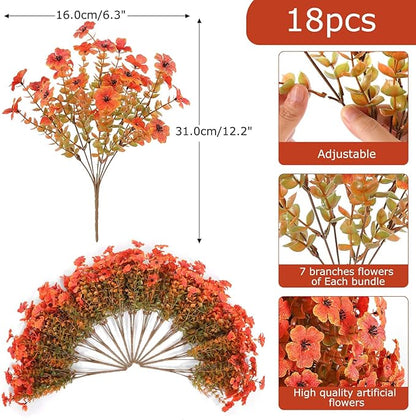 Hananona 18 Pcs Artificial Mum Flowers for Outdoors, Faux Fall Mums Silk Flower for Outside, Fake Orange Flowers for Fall Patio Front Door Planter Autumn Halloween Home Decorations (18, Orange)