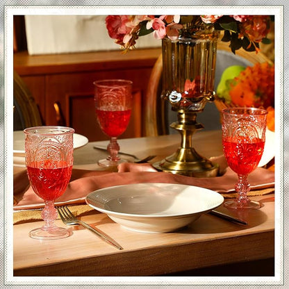 36 Pack Plastic Goblets 10oz Upgrade Vintage Water Goblet Plastic Wine Glasses Colored Retro Embossed Glassware for Party Wine Bar Juice Baby Shower Wedding Reception Grand (Pink)