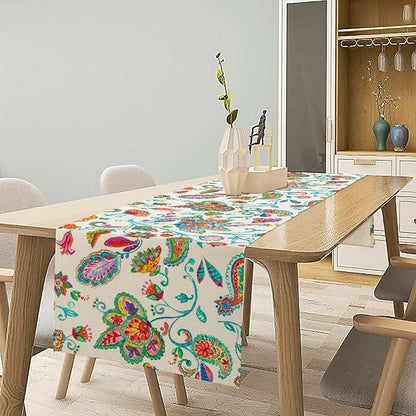Paisley Table Runner, Watercolor Floral Oriental Indian Traditional Tulips Leaves Bohemian Paisley Print Table Runner for Kitchen Dining Tables Party Decor, 13x36inch