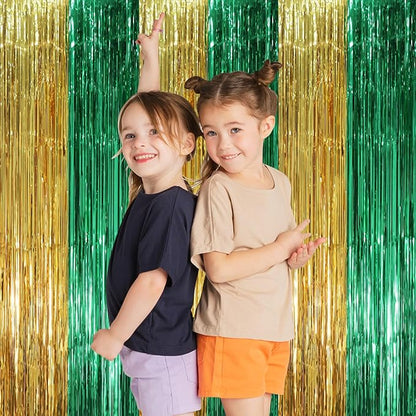2 Pack Green and Gold Foil Fringe Backdrop Curtains, Tinsel Streamers Party Decorations, Fringe Backdrop, Door Shimmer for Graduation or Birthday Party