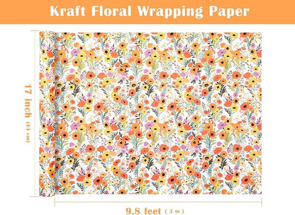 WRAPAHOLIC Kraft Floral Wrapping Paper Roll - Mini Roll - 17 Inch x 9.8 Feet - Bright Summer Flower Wrapping Paper, Perfect for Wedding, Birthday, Bridal Shower, Tea Party