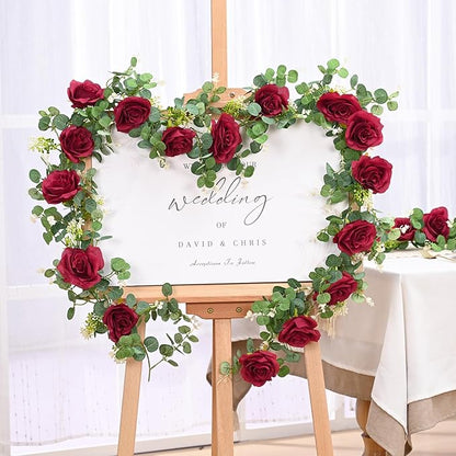 Dolicer 4Pcs 26Ft Artificial Eucalyptus Garlands with Flowers - 8 Roses, Faux Floral Greenery Garlands Fake Flowers Vines for Wedding Table Centerpieces Arch Party Ceremony Backdrop Decor (Red)
