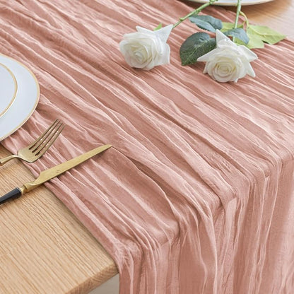 Asee'm Cheesecloth Table Runner 120 Inches Dusty Pink Boho Gauze Cheese Cloth Runner 10FT Rustic Sheer Fall Table Runners for Thanksgiving Wedding Baby Shower Holiday Party Decoration