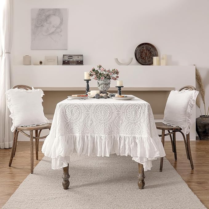 patdrea Vintage Ruffle Tablecloth for Rectangle Tables,Farmhouse Embroidered Cotton White Lace Table Cloth Cover Decor for Dining Room Wedding Banquet Thanksgiving Christmas,59"*75"