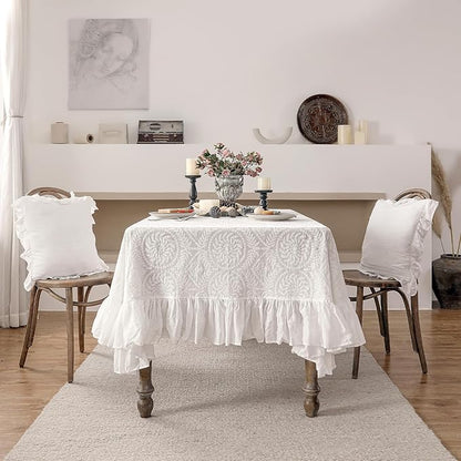 patdrea Vintage Ruffle Tablecloth for Rectangle Tables,Farmhouse Embroidered Cotton White Lace Table Cloth Cover Decor for Dining Room Wedding Banquet Thanksgiving Christmas,59"*75"