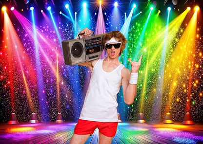 LTLYH 10x8ft Fabric Disco Rainbow Stage 70s 80s 90s Backdrop Vintage Lights Photography Background Rock Music Club Neon Glow Party Decorations Photo Banner 312