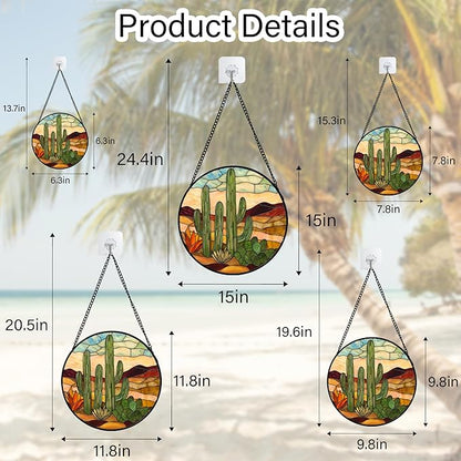 Stained Glass Window Hanging, Green Cactus Sun Catcher for Door Terrace Garden Home Decor, Abstract Desert Landscape Suncatcher Birthday Gifts for Lovers Women Men Dad Mom Nana 11.8 in