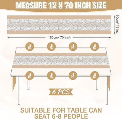 Xinnun 6 Pack Burlap Table Runner with LED String Lights, Modern Rustic Lace Natural Vintage Boho Jute Wedding Table Decor for Farmhouse Thanksgiving Christmas(Thanksgiving Harvest Style,12x70 Inches)
