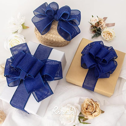 Ribbli Royal Blue Burlap Wired Ribbon,1-1/2 Inch x 10 Yard,Dark Blue Wired Edge Ribbon for Big Bow,Wreath,Tree Decoration,Outdoor Decoration