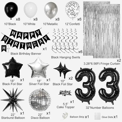 33rd Birthday Decorations for Men Women, Black Silver Happy Birthday Party Decorations， 33 Year Old Party Supplies with Number 33 Balloons, Banner, Fringe Curtains Kit