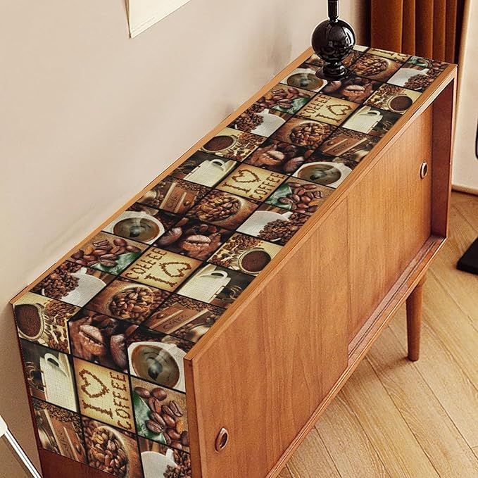 Coffee Theme Table Runner, Retro Farmhouse Coffee Cup Latte Cappuccino Tea Party Cafe Table Center Decor for Home Kitchen Dining Patio Holiday Party Indoor Outdoor Table Decorations,13"x90" Inch