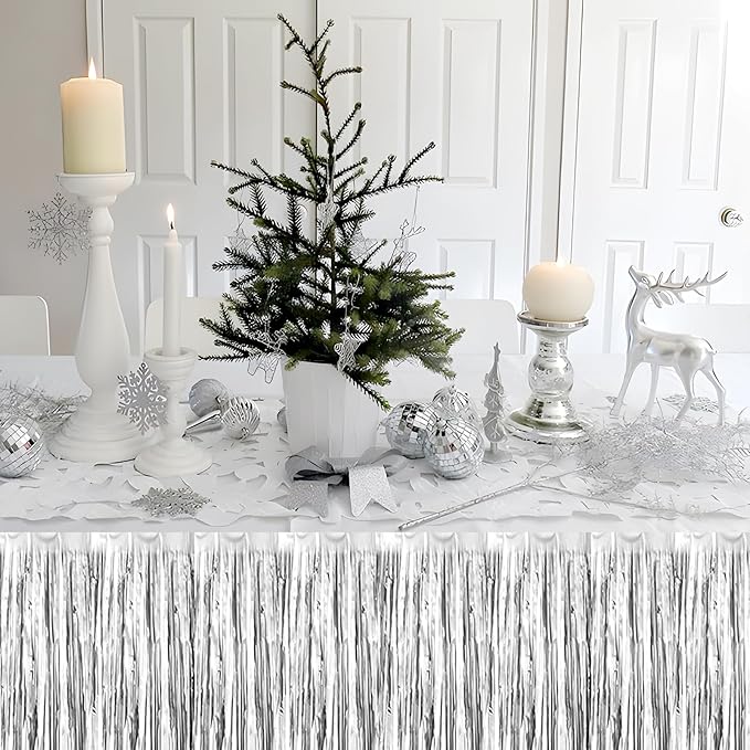 3 Pack 29x108 Inch Silver Foil Fringe Table Skirts Metallic Banner for Tinsel Streamer Garland Backdrop for Parade Floats Wedding Thanksgiving Birthday Christmas Halloween Party Decoration