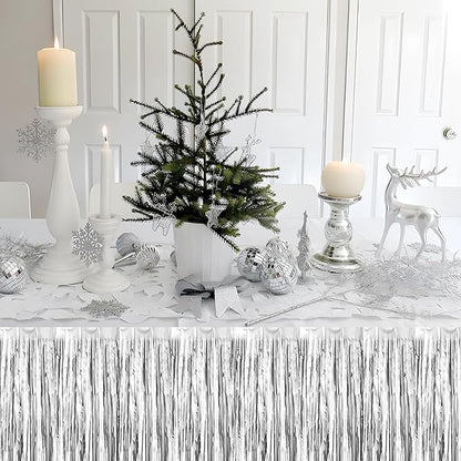 3 Pack 29x108 Inch Silver Foil Fringe Table Skirts Metallic Banner for Tinsel Streamer Garland Backdrop for Parade Floats Wedding Thanksgiving Birthday Christmas Halloween Party Decoration