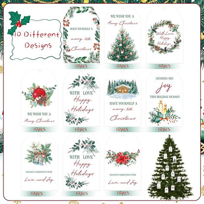 100PCS Christmas Gift Tags 10 Styles Watercolor Christmas Tree Pinecone Tags with String Celebrations Tag for Present Wrapping Xmas Holiday Seasonal Party Favors