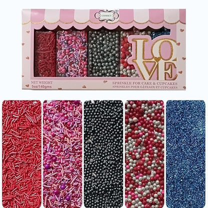 Confect Edible Sprinkles for Cake Decorating - Red Jimmies, Blush Pink Red Gun Metal Silver Pearl Mix with Navy Sparkling Sugar | Vegan, Gluten-Free, Dessert Topping - 5 Oz