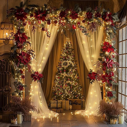 Fomcet Tulle Curtains with Lights String Ivory 20FT X 8FT Sheer Backdrop Curtains for Parties Wedding Baby Shower Photo Shoot Decorations (4 Panels 5 x 8FT)