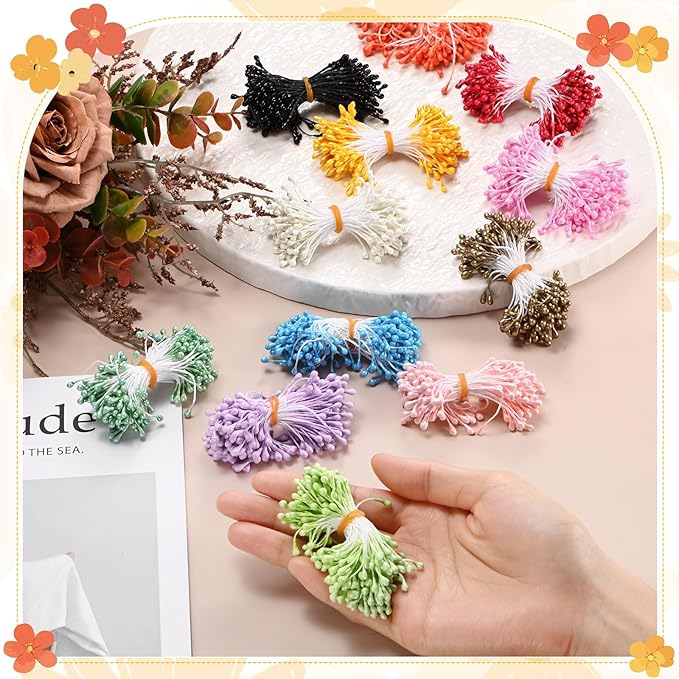 900-Pack Flower Stamens for Crafts, 5mm Double Heads Artificial Pearl Floral Pistil Mini Flower Pollens Stamens for DIY Making/Scrapbook Decoration [Green and 5 Colors]