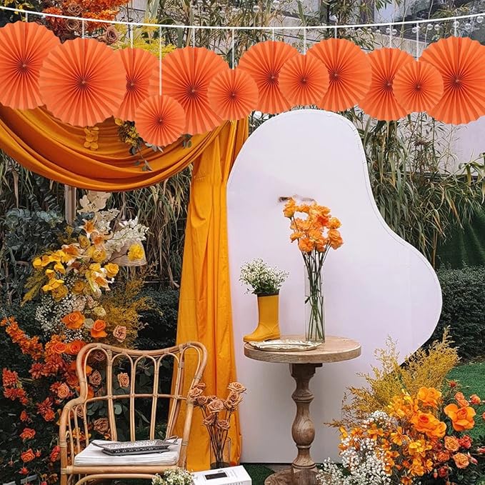 Orange Hallowmas Party Hanging Fans DIY Set - 12pcs Paper Fans with Pinwheels - DIY Paper Craft for Wedding, Birthday, Christmas Party Decoration