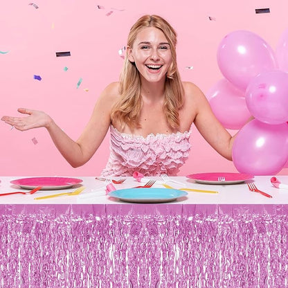 4P Wavy Metallic Tinsel Foil Fringe Table Skirts for Rectangle Tables Backdrop Garland Curtains for Parade Floats Wedding Birthday Parties Decoration Graduation 2025 Christmas (Pink)