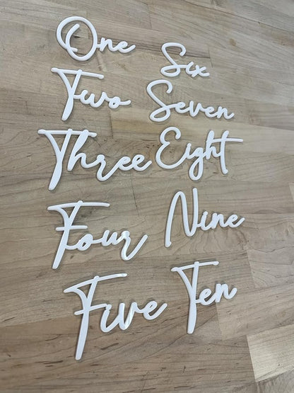 Cursive Wedding Table Number SET, DIY thin modern Black or White acrylic cutouts with silicone glue included. Words only, no backing (One - Ten, Gloss White)