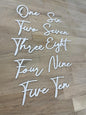 Cursive Wedding Table Number SET, DIY thin modern Black or White acrylic cutouts with silicone glue included. Words only, no backing (One - Ten, Gloss White)