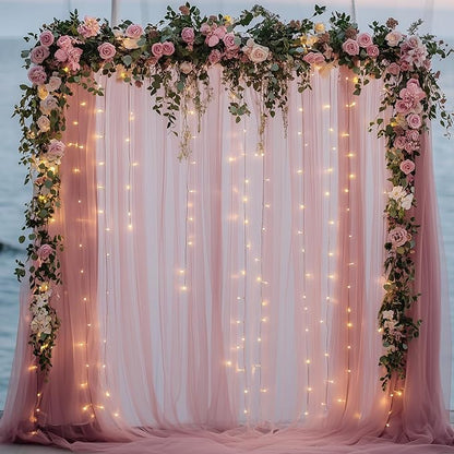 Tulle Backdrop Curtain with Lights String 10FT X 8FT Dusty Rose Sheer Tulle Backdrop Curtains for Wedding Birthday Party Reception Photo Booth Background Decorations (2 Panels 5x8FT)