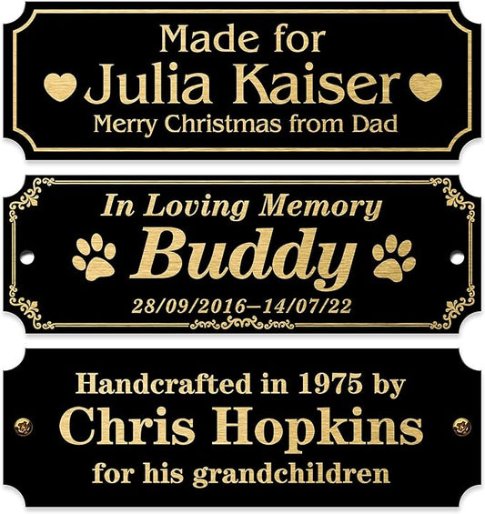 Caramel Sweet Life Personalized Name Plates, Black Engraved Plaque with Gold Text, Trophy Plates Engraved, Custom Name Plate with Adhesive Backing or Screws, 3" W x 1" H