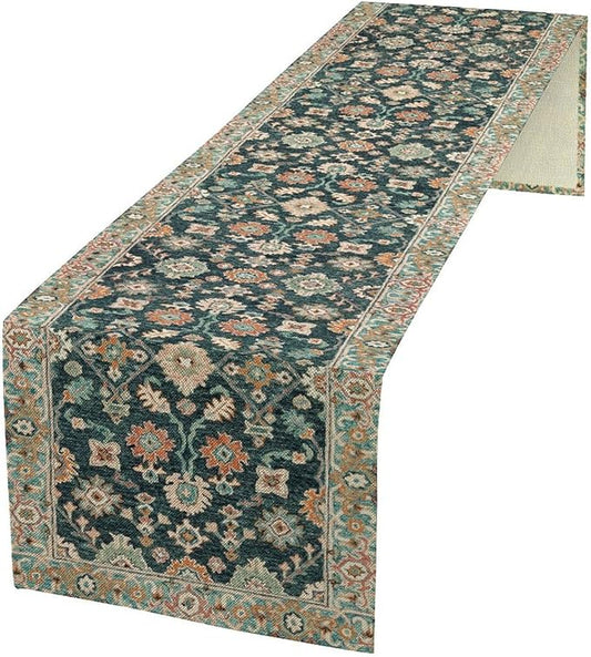 Vintage Boho Floral Table Runner, Rustic Country Farmhouse Blue Teal Red Bohemia Flower Pattern for Home Kitchen Table Decor Dining Coffee Room Party Decor 13x60in
