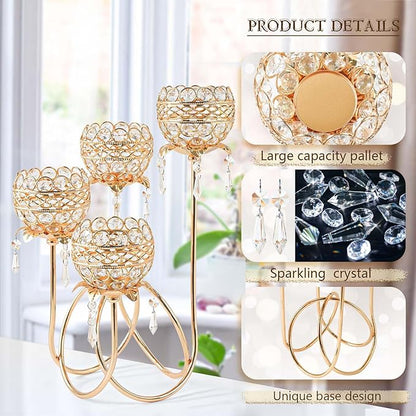 4 Arms Crystal Candelabra Tealight Holder - Tall 15.7 Inch Elegant Centerpiece with Crystal Pendant Bowls & Artistic Metal Stand for Wedding, Dining Table, Home Decor (4, Gold)