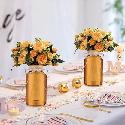 Vintage Glass Flower Vase，12 Pack Farmhouse Amber Gold Glass Centerpiece Vases Mason Jars for Weddings, Parties & Home Decor Bulk (12, Amber)