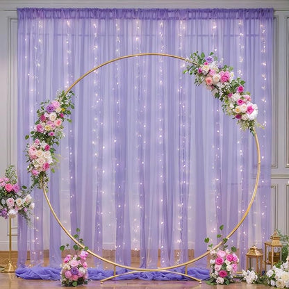 30×10ft Purple Tulle Backdrop Curtain with Lights String for Parties, Sheer Photo Backdrop Curtains for Wedding Party Photography Background