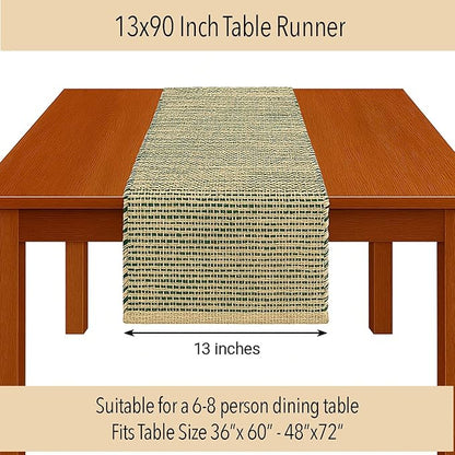 Chardin home Natural Jute Table Runner 13x90 Inch – Vintage Boho Rustic Table Decor – Handwoven Table Runner in Natural Jute and Green – Farmhouse Dining or Console Table Accent