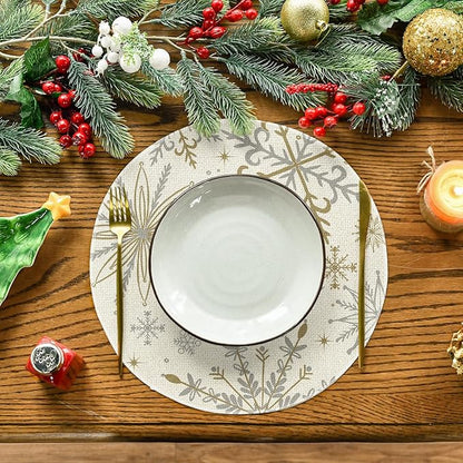Artoid Mode Beige Snowflake Let It Snow Winter Placemats Set of 4, 15 Inch Seasonal Christmas Xmas Round Table Mats for Dining Decoration