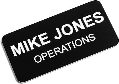 Custom Engraved Name Tag Badges – Personalized Identification with Pin or Magnetic Backing, 1.5 Inches x 3 Inches, Black/White