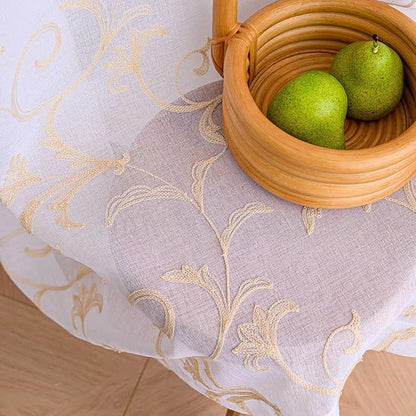 Sheer Curtains White-Beige 45 Inch Length Floral Embroidery Vintage Rod Pocket Voile Drapes for Living room, Bedroom, Window Treatments Semi Crinkle Curtain Panels for Farmhouse Set of 2, 52"x 45".