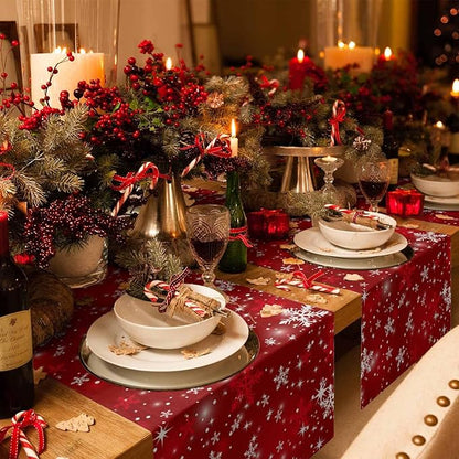 Christmas Snowflakes Cotton Linen Table Runner for Dining Kitchen, Red Xmas Winter Snow Wedding Outdoor Party Tablerunners Decoration, New Year Dresser Scarf Coffee Tablecloth Runners 13x48 Inches