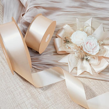 LaRibbons Nude Satin Ribbon 1 1/2 Inch 25 Yards Luxury Double Faced Silk Ribbon for Flower Bouquet Crafts Gift Wrapping Wedding Party Decoration