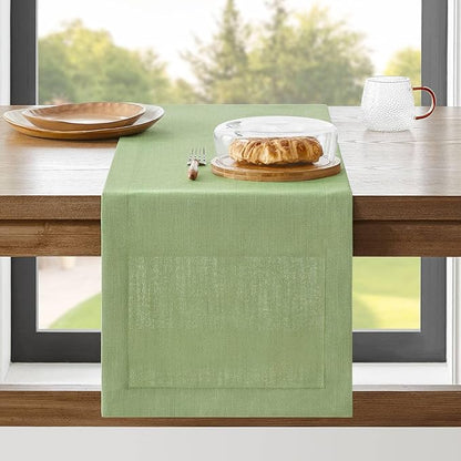 ZeeMart Linen Textured Border Table Runner, 14 x 48 Inch Green, Farmhouse Style Sage Green Table Runners 48 Inches Long, Easy Care Everyday Polyester Table Runner