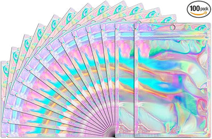 Funfery 100 pcs Mylar Holographic Bags Clear Resealable Baggies,Foil Baggy with Zipper,Seal Pouch Smell Proof Packaging Bags for Food Storage,Candy,Party Favor Sample Business Supplies(5.5x7.9in)