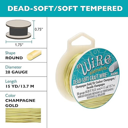 The Beadsmith Wire Elements Craft Wire – Tarnish Resistant, Soft Temper, Round, Champagne Gold Color – 0.32mm, 28 Gauge, 15 Yard Spool – Jewelry Making, Wire Wrapping, Floral, & Other DIY Crafts