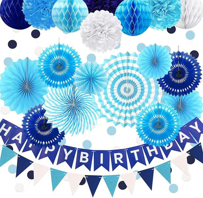 Navy Blue Birthday Party Decoration, 24Pcs Hanging Paper Fans, Pom Poms Flowers, Garland String Polka Dot, Happy birthday Banner and Triangle Bunting Flag Packs for Birthday Parties,and Baby Shower