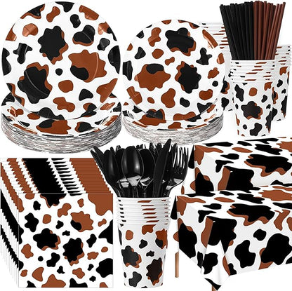 452 Pcs Cow Print Party Decorations Supplies Include Brown Cow Print Paper Plates Napkins Cups Tablecloth Cutlery Straws for Western Rodeo Birthday Baby Shower Farm Animal Party Decorations