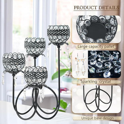 4 Arms Crystal Candelabra Tealight Holder - Tall 15.7 Inch Elegant Centerpiece with Crystal Pendant Bowls & Artistic Metal Stand for Wedding, Dining Table, Home Decor (2, Black)