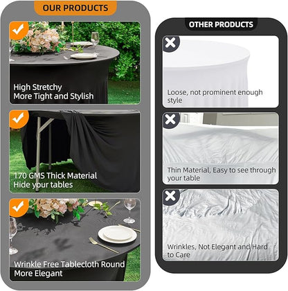 8 Pack Black Round Spandex Tablecloth 60 Inch, Wrinkle Free Stretch 120 Inch Fitted 5ft Black Table Cloths Round Table Covers with Ruffle Skirt for Graduation Wedding Party Banquet