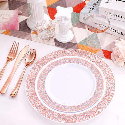 WELLIFE 175 Pieces Rose Gold Plastic Dinnerware,Rose Gold Dinnerware Set Include: 25 Dinner Plates 10.25", 25 Salad Plates 7.5", 25 Cups, 50 Forks, 25 Knives and 25 Spoons for Party