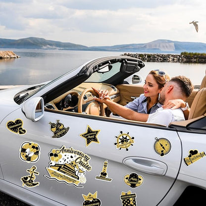 Happy Anniversary Cruise Door Magnets Decorations, Black Gold Happy Anniversary Cruise Ship Door Decor Magnetic for Married Men Women Wedding Party Fridge Refrigerator Car Kitchen Garage Personalized