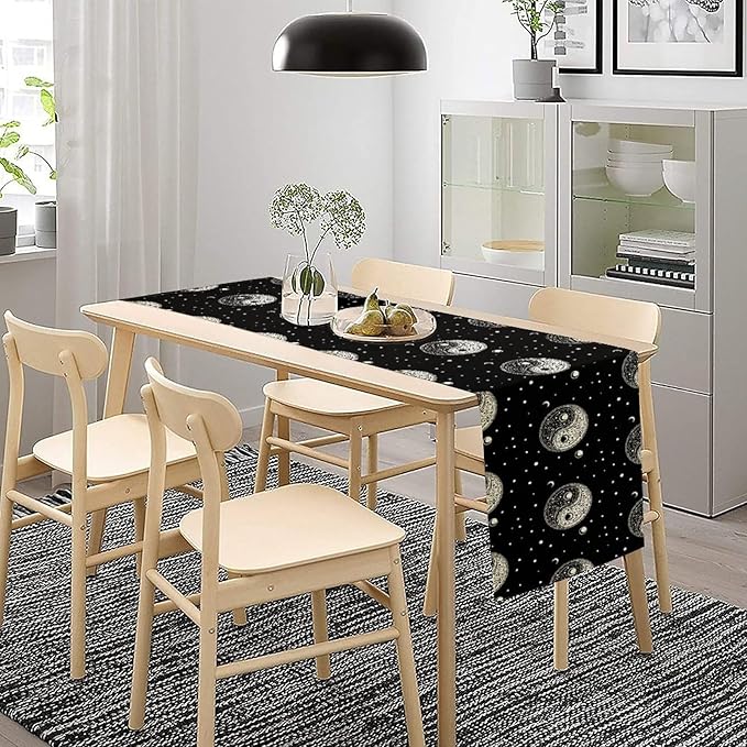 Mystical Celestial Table Runner, Vintage Bohemian Black Yin Yang Symbol Moon Stars Print Table Runner for Office Kitchen Dining Wedding Party Home Coffee Table, 13x36inch